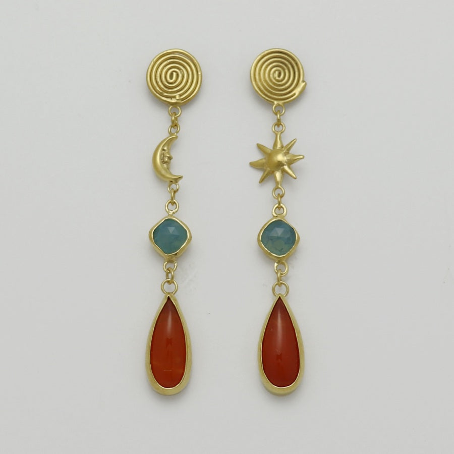 Image is a pair of 24K gold plated drop earrings with spiral stud, celestial motifs, chalcedony and carnelian gemstones, handmade by Izaskun Zabala.