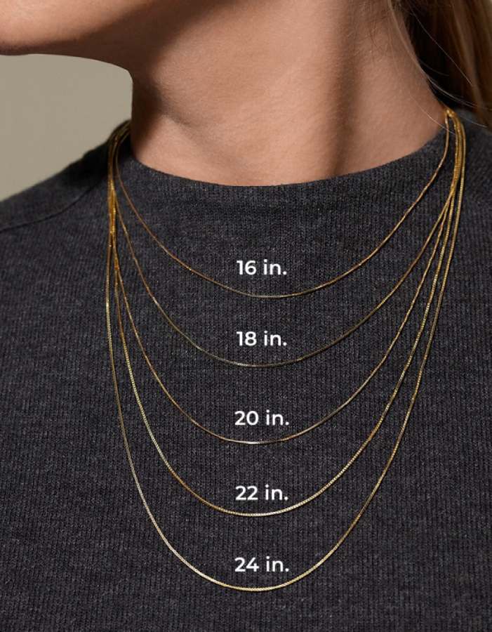 Image is a necklace length chart for chain length guidance.