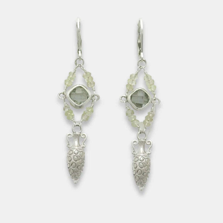 Pair of silver drop amphora earrings with green amethyst and moonstone beads on a white background, handmade by Izaskun Zabala.
