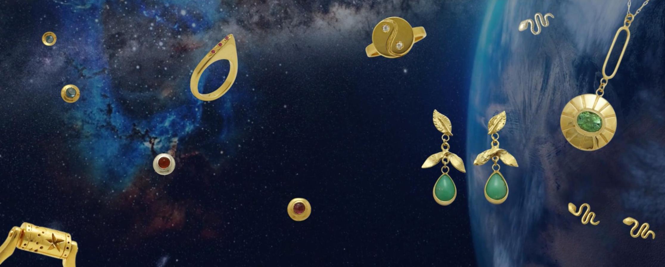 Collage of space view of the earth with handmade jewelry by Izaskun Zabala.