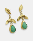 Side view of gold-plated leaf earrings with green teardrop stone on a white background.