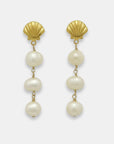 Pair of gold-plated earrings with shell studs and pearl drops, handmade by Izaskun Zabala.