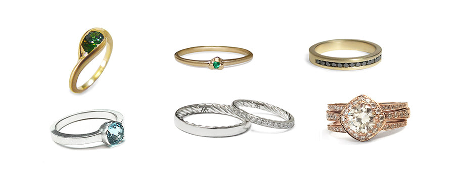 Custom jewelry rings with precious metals and embedded stones