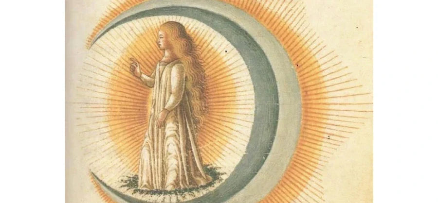 Goddess with golden aura inside a crescent moon.