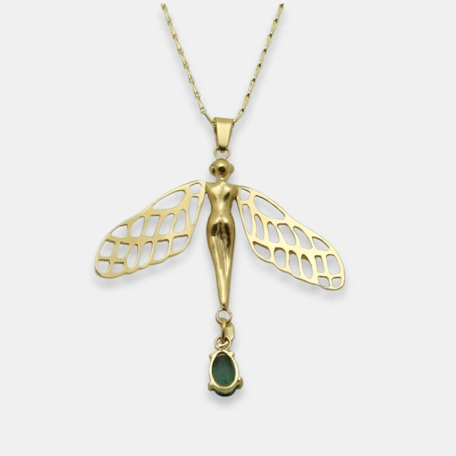Back view of gold-plated dragonfly woman and tourmaline pendant with a fancy chain necklace, handmade by Izaskun Zabala.