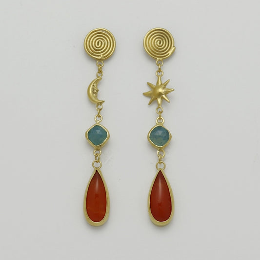 Image is a pair of 24K gold plated drop earrings with spiral stud, celestial motifs, chalcedony and carnelian gemstones, handmade by Izaskun Zabala.