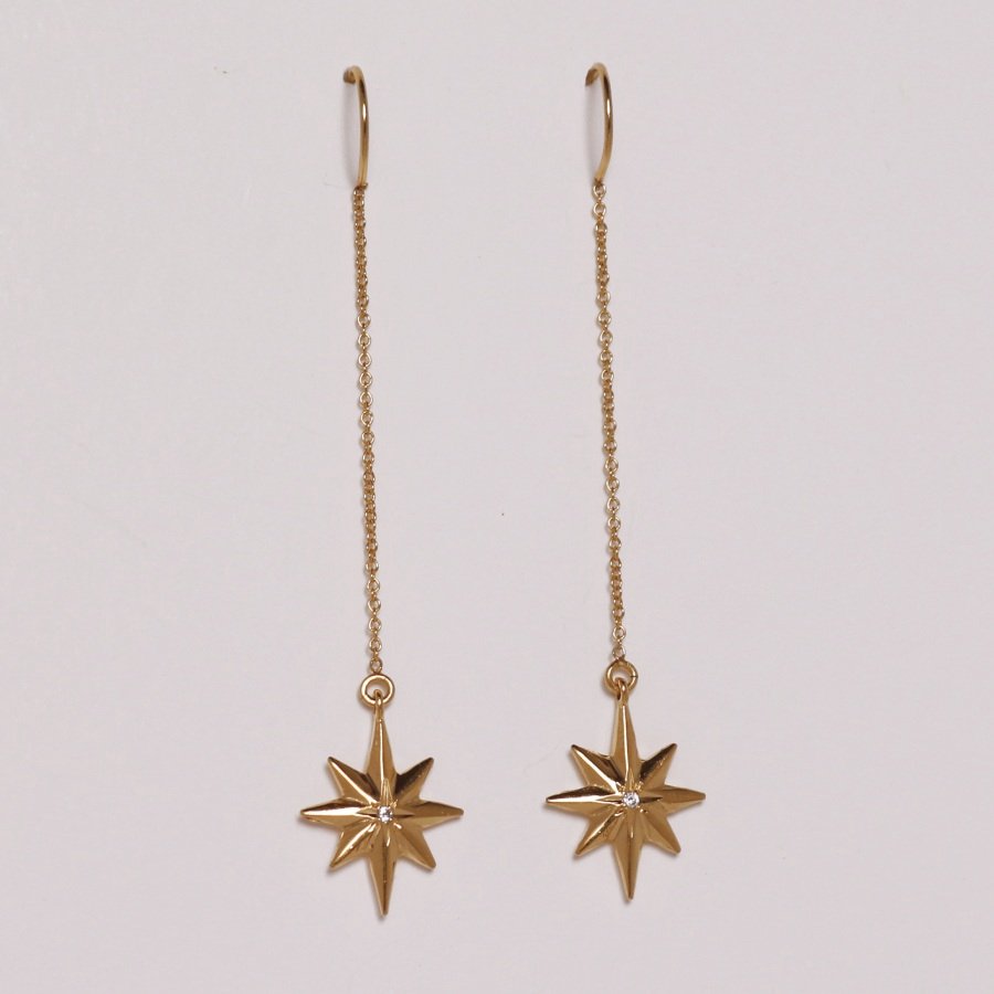 Image is a pair of 24K gold plated dangling star with a tiny white sapphire earrings, handmade by Izaskun Zabala.