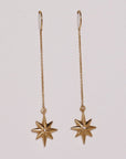 Image is a pair of 24K gold plated dangling star with a tiny white sapphire earrings, handmade by Izaskun Zabala.