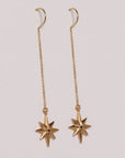 Image is a pair of 24K gold plated dangling star with a tiny black spinel earrings, handmade by Izaskun Zabala.