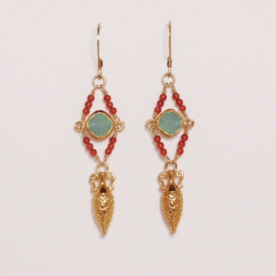 Image is a pair of 24K gold plated drop earrings with a carved amphora, a cushion cut chrysoprase stone and carnelian beads, handmade by Izaskun Zabala.