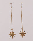 Image is a pair of 24K gold plated dangling star with a tiny black spinel earrings, handmade by Izaskun Zabala.