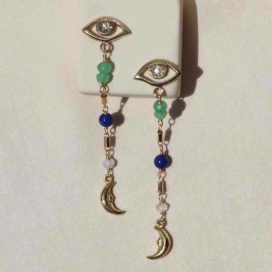 Izaskun Zabala jewelry eye stud and moon dangle earrings with chrysoprase, lapis lazuli and moonstone beads