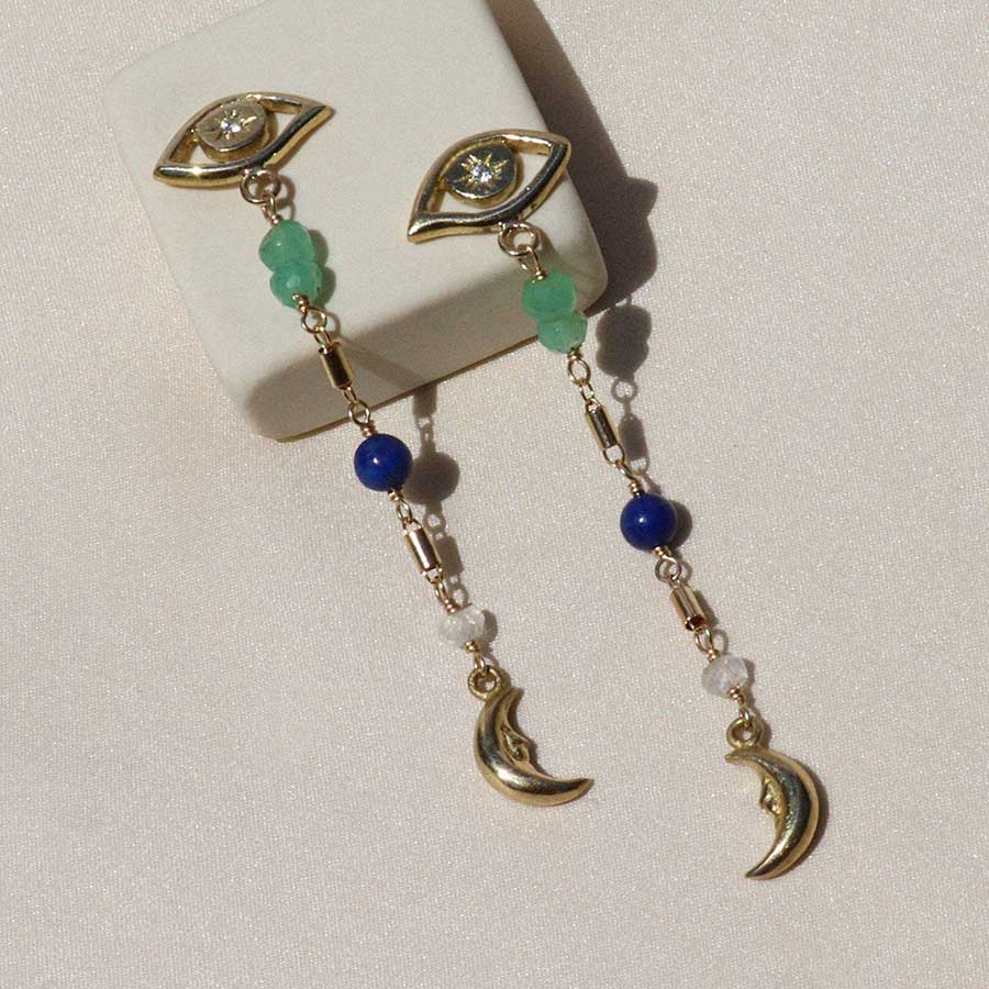 Izaskun Zabala jewelry eye stud and moon dangle earrings with chrysoprase, lapis lazuli and moonstone beads