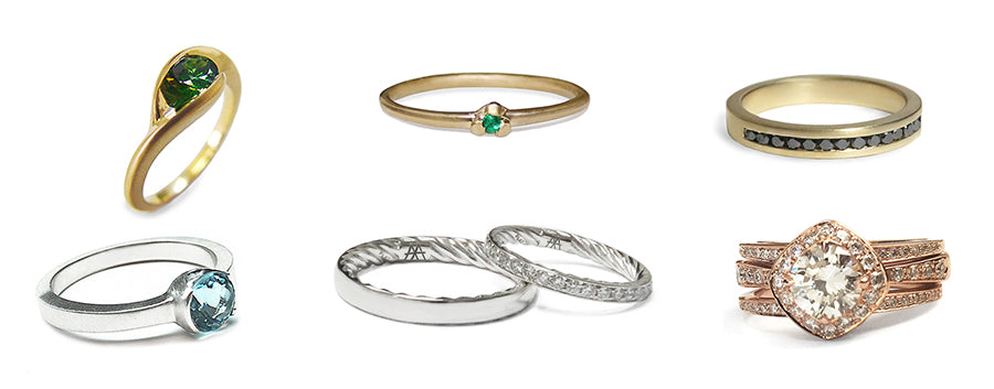 Custom jewelry rings with precious metals and embedded stones