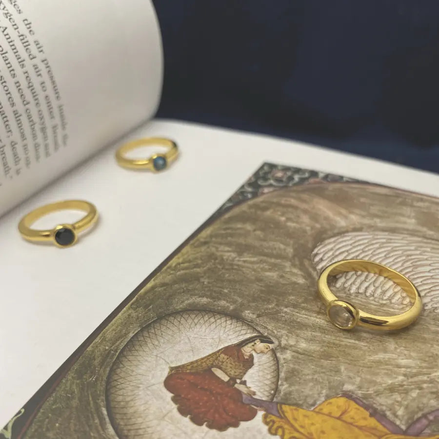 Artisan made bezel-set gemstone Adhara rings in gold-plated brass
