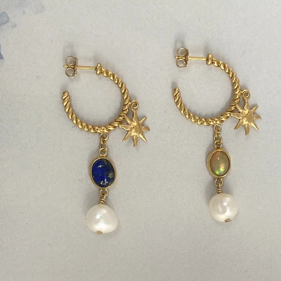 Handcrafted gold-plated hoop earrings with celestial sun motifs, gemstones and pearl drops