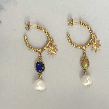 Handcrafted gold-plated hoop earrings with celestial sun motifs, gemstones and pearl drops