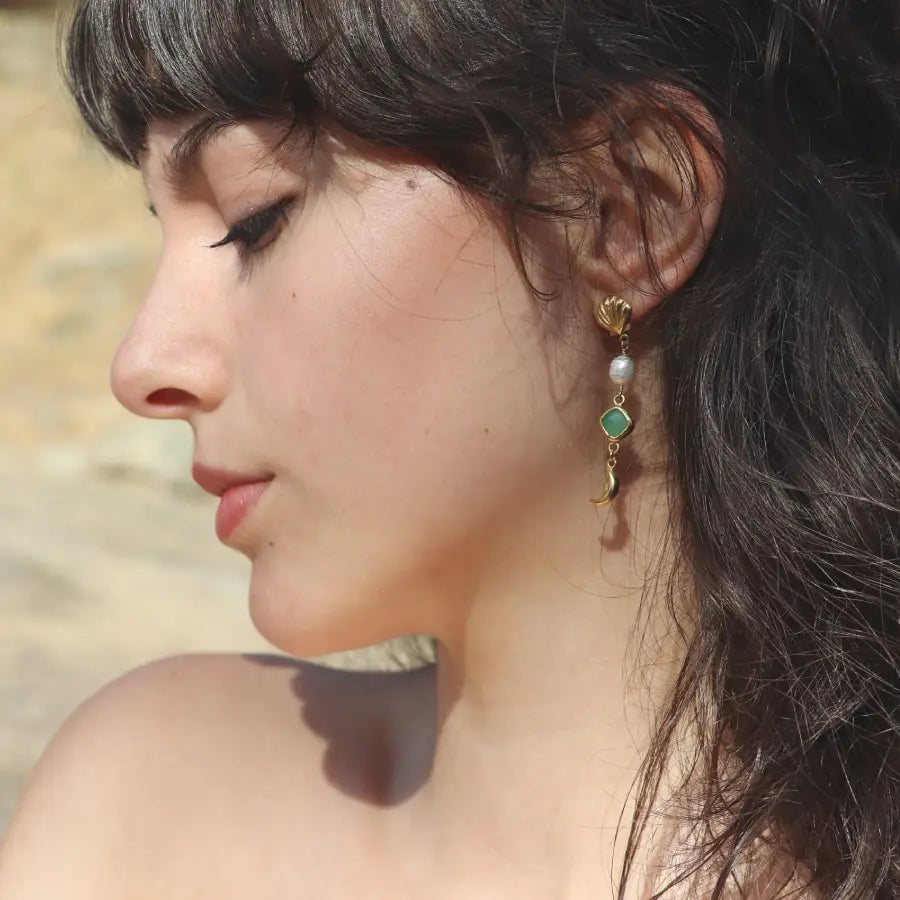 All-Seeing Eyes Drop Earrings with moon charm, pearl and chrysoprase, styled on a model
