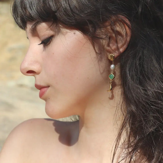 All-Seeing Eyes Drop Earrings with moon charm, pearl and chrysoprase, styled on a model
