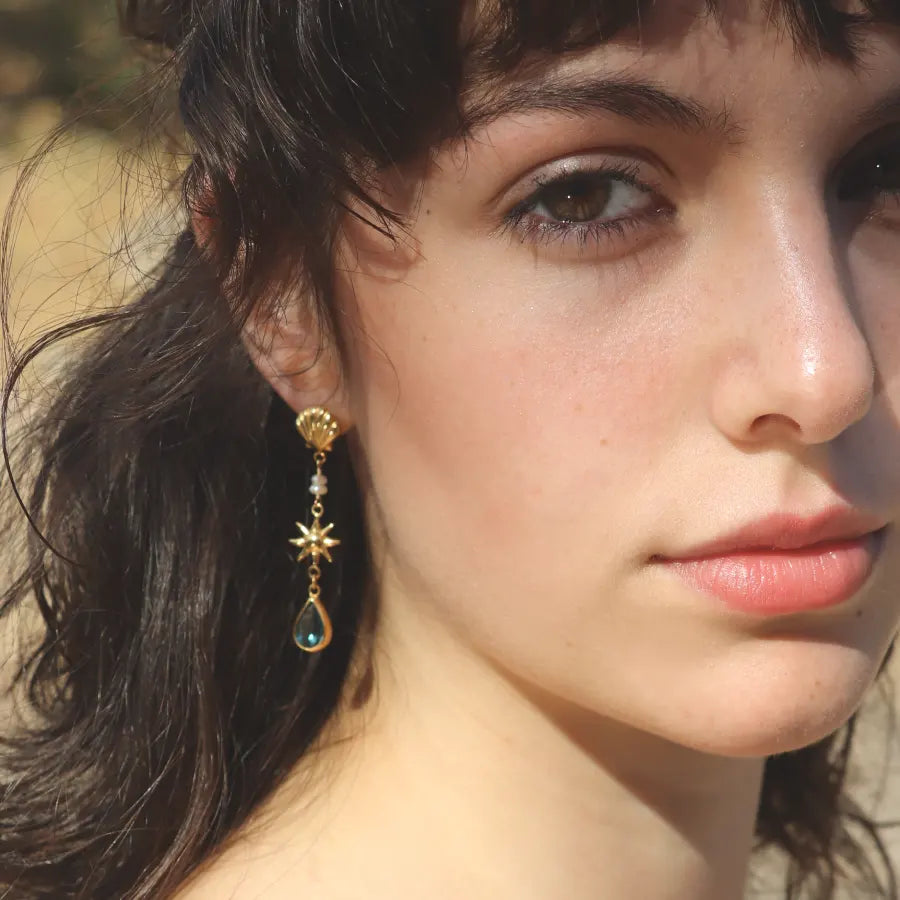All-Seeing Eyes Drop Earrings with sun charm, pearls and cyanite, styled on a model