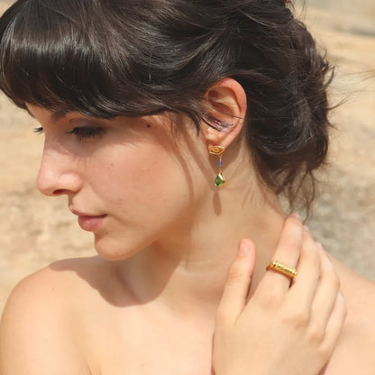 Gold-plated All-Seeing Eyes Earrings with tanzanite beads and pear shaped green crystal drops worn on a model