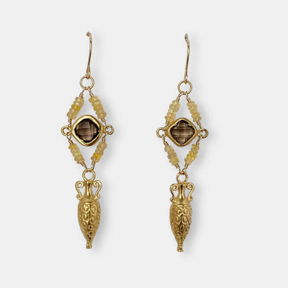 Pair of gold-plated amphora earrings with smoky quartz and fire opal beads