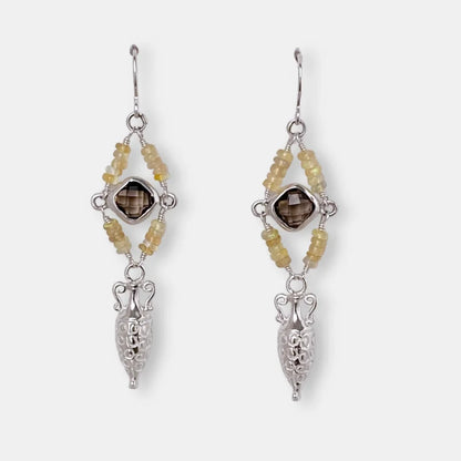 Pair of silver amphora earrings with smoky quartz stones and fire opal beads