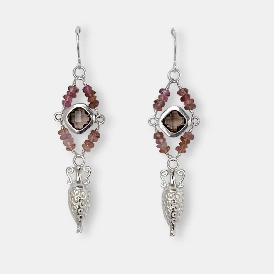 Pair of silver amphora earrings with smoky quartz stones and pink tourmaline beads