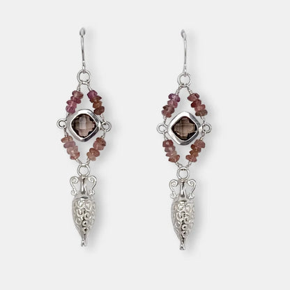 Pair of silver amphora earrings with smoky quartz stones and pink tourmaline beads