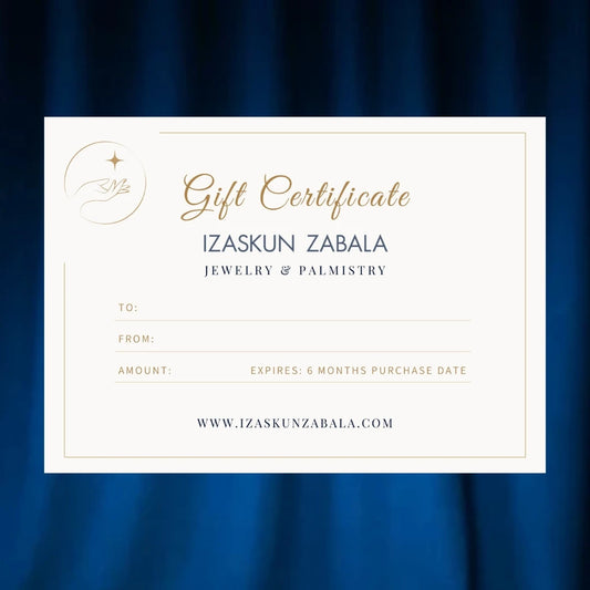 Izaskun Zabala gift card with various money values to redeem for jewelry or palmistry.