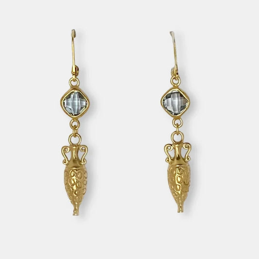 Pair of gold plated amphora dangle earrings with blue topaz stone, handmade by Izaskun Zabala.
