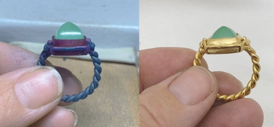 Two images of rings with green gemstone held between fingers, one in wax and one gold-plated, handmade by Izaskun Zabala.