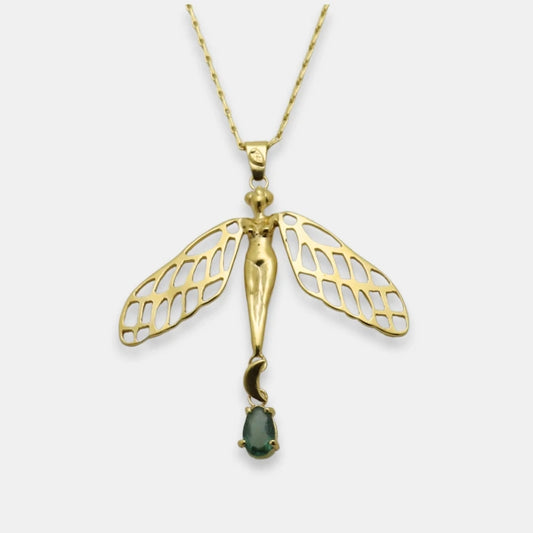 Gold-plated dragonfly woman and tourmaline pendant with a fancy chain necklace, handmade by Izaskun Zabala.