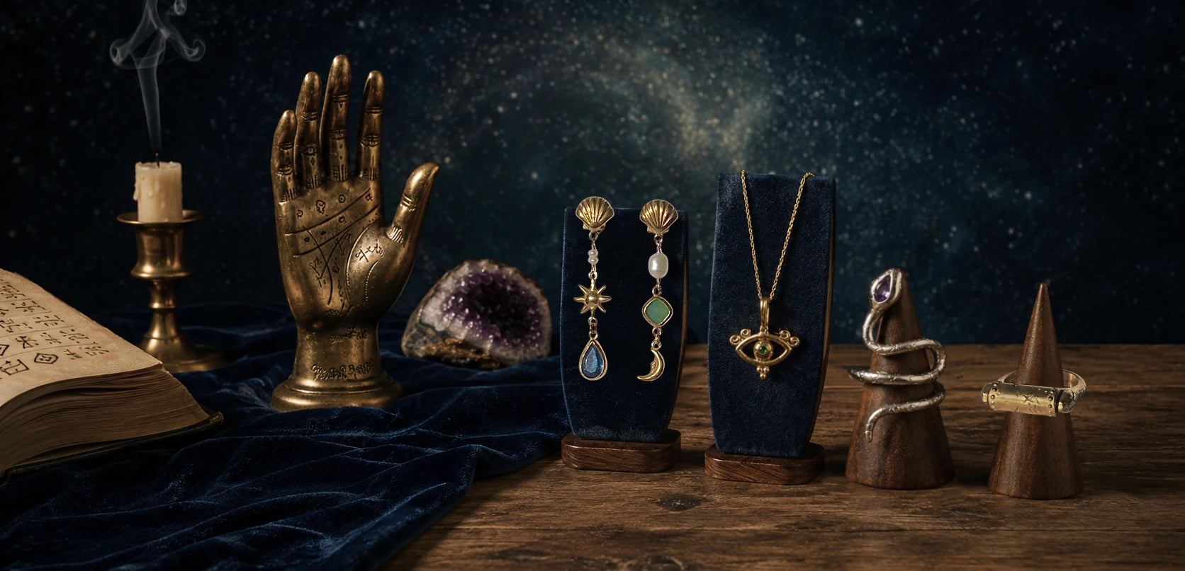 A styled tabletop display of jewelry and mystical props against a dark starry background. Visible products include a gold necklace, celestial drop earrings, a snake silver ring and a golden ring, alongside a brass hand sculpture, candle, amethyst, and old book.