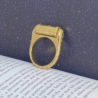 Handcrafted celestial snake gold-plated ring with engraved cylinder