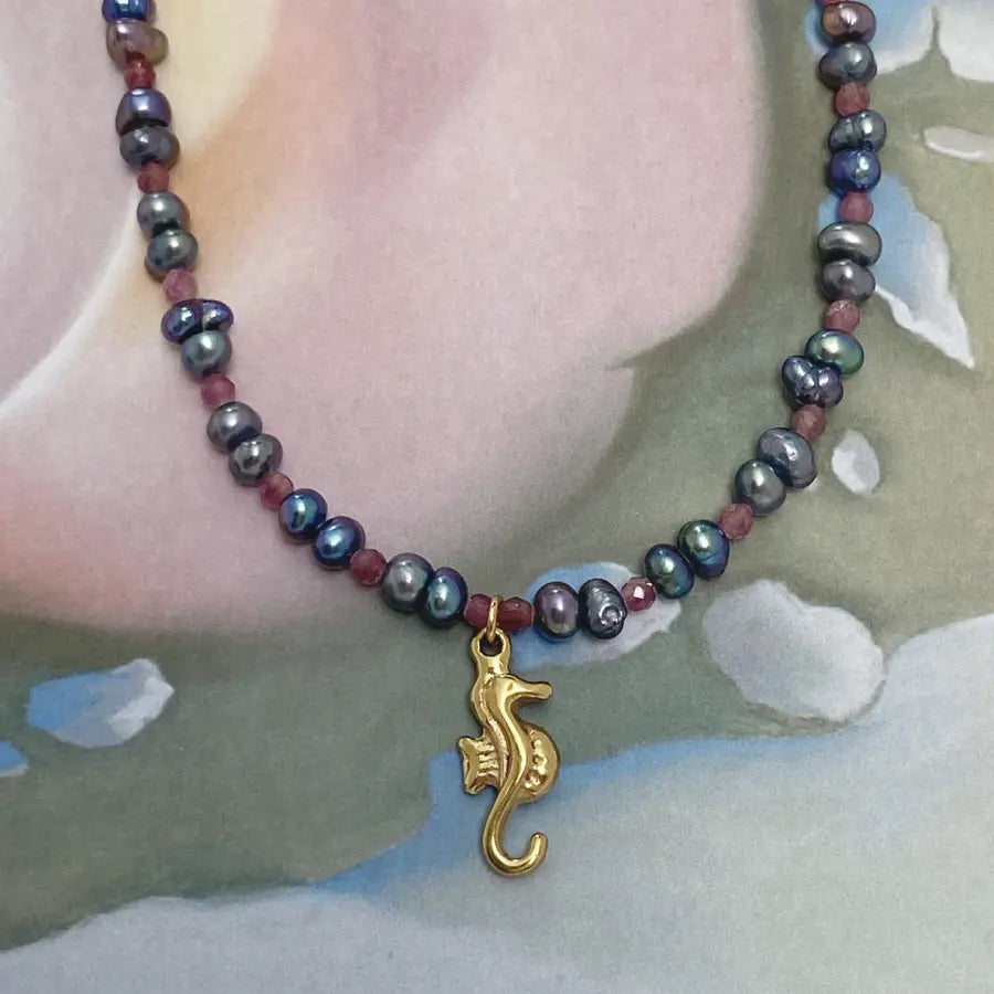 Artisan made seahorse pendant necklace with dark pearls and gemstones