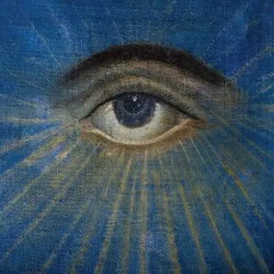 Illustration of an all-seeing eye with golden light on a blue background.