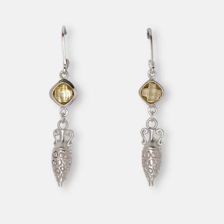 Pair of silver amphora dangle earrings with citrine stone, handmade by Izaskun Zabala.