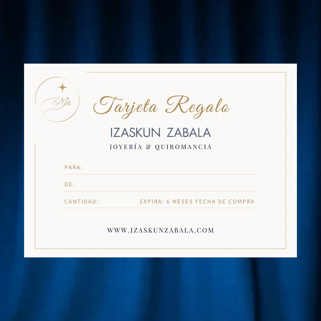 Tarjeta regalo Izaskun Zabala con varios valores monetarios para canjear por joyas o quiromancia.