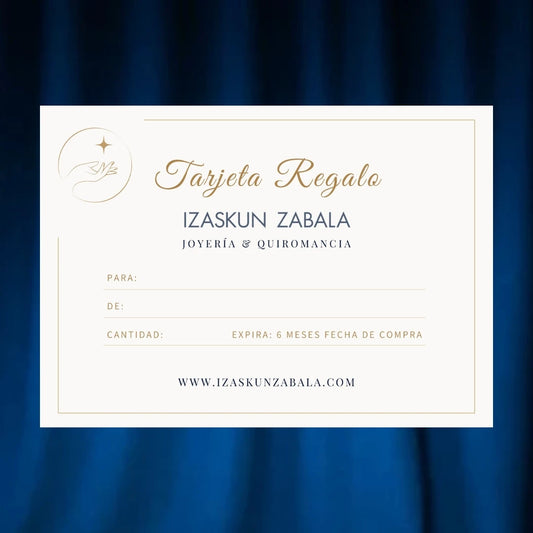 Tarjeta regalo Izaskun Zabala con varios valores monetarios para canjear por joyas o quiromancia.
